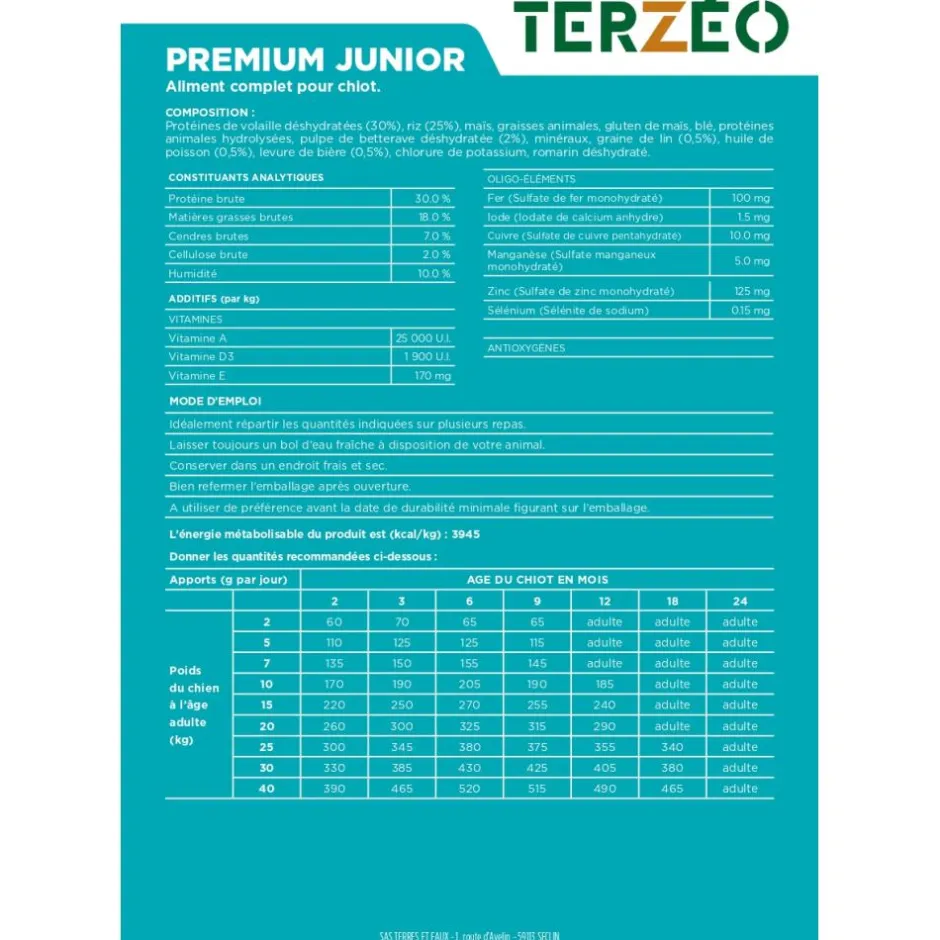 TERZEO VOS ANIMAUX CROQUETTE PREMIUM JUNIOR 15KG
